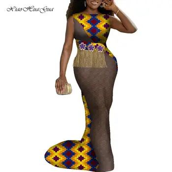 2021 Mulheres do Assoalho-comprimento Vestido Africano Vestido estampado com Borlas Bazin Riche Africano de Roupa de Casamento a Noite Vestidos de Festa WY9007
