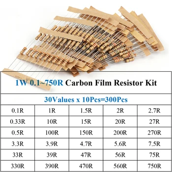 300Pcs 1W 0.1~750R Resistor de Filme de Carbono Kit Sortido de 30Values x 10Pcs=300Pcs Kit de Amostra de Cor do Anel Resistência