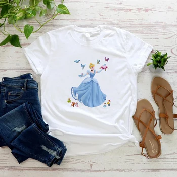 O verão das Mulheres T-shirts Bela Princesa da Disney Cinderela Impressão Roupas de Menina Estética Harajuku Fashion Mulheres Camisa Americana