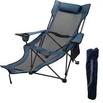 2 em 1 Camping Dobrável Cadeira Portátil Ajustável Cadeira Reclinável 330 lbs Capacidade p/ apoio de Pés de Malha Chaise Lounge, Azul