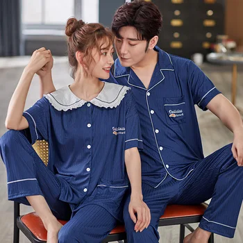 O coreano Moda Algodão Homewear para Casais Primavera de Manga Curta de Suspensão Superior Calça comprida Roupa de Homens e Mulheres de Correspondência Casaquinho de Pjs