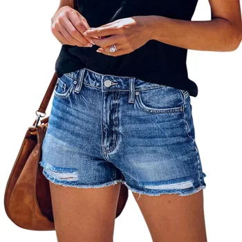's Shorts Jeans 2021 Explosiva Elástica Franja Desfiada Mulheres calças de Brim Fino de Lápis Calças Jeans Azul Escuro , Cor da Luz