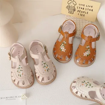 2023 AncoBear Sandálias de Verão para o Bebê Meninas Crianças Princesa Floral Impressão Plana Sapatos de Couro Crianças Gladiador Calçado