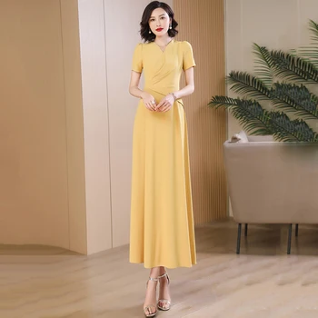 Amarelo Novo Office Senhora Vestido De Verão Das Mulheres Da Moda Com Decote Em V Manga Curta Assimétrica Magro Vestido Longo E Elegante Simplicidade Do Vestido Formal