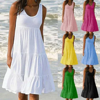 Mulheres O decote sem Mangas Plissado Vestido Mini Boêmio Sólido Praia Sol Sexy Vestido Plus Size folgada Vestido de Verão 2023