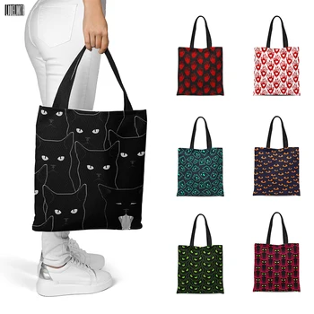 Engraçado Anime Gato Shopper Bags Para Mulheres Casuais Compras Ombro Saco De Lona Leve Eco-Friendly Preto Bolsa Com Zíper