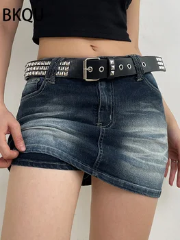 BKQU 2023 Vintage das Mulheres de Saia Jeans Estética de Fadas Grunge Cintura Alta Lavado Elasticidade Mini-Saia Y2K Reta E Menina Inferior