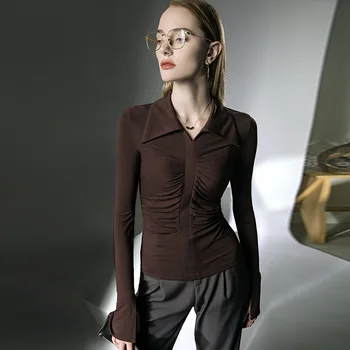 Alta Qualidade De 2023 Mulheres T-shirt de Rugas Estilo de Design Feminina Primavera, Outono Sexy Crop Tops Roupas da Moda Bodysuit Tees Y2k Goth