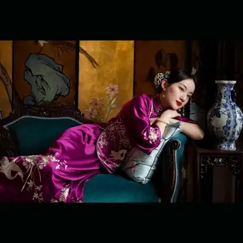 Vintage Roxo Stand Colar De Flores Bordado Manga Grande Cheongsam Tops Para As Mulheres Elegantes Chinês Banquete Noite Qipao Camisa