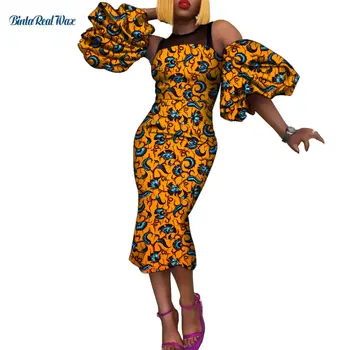 Big Puff Manga Moda Africana de Cera de Impressão Vestidos para Mulheres de Algodão Ancara Mulheres de Vestido Africano Senhora Bodycone Festa de Roupas WY1473