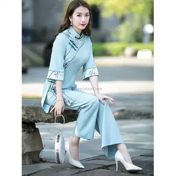 2023 mulheres chinesas estilo retro cheongsam conjunto meia manga suporte colarinho longo calças de dois conjuntos de peças étnicas elegante qipao conjunto s225