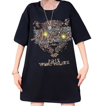 Verão Na Moda Streetwear Mulheres Negras T-Shirt Quente Do Cristal De Rocha Harajuku Carta Leopard Cabeça Tees Longo Tops De Manga Curta Feminino
