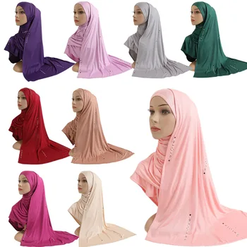 Mulheres de Algodão Jersey Muçulmano Longo Cachecol com Strass Modal Véu Islâmico Hijab Xale árabe Retangular Headwrap Senhora Desgaste