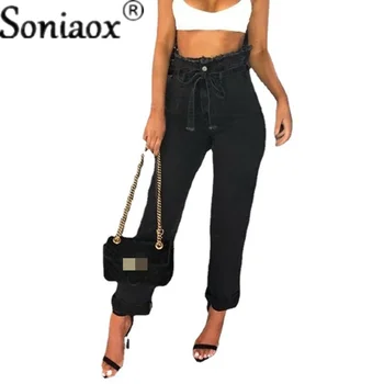 Moda Casual calças de Brim das Mulheres de Outono Streetwear Hipster Feminino Apertado Lace-up de Cintura Alta Lavável Jeans Lápis, Calças de Senhora, Calças