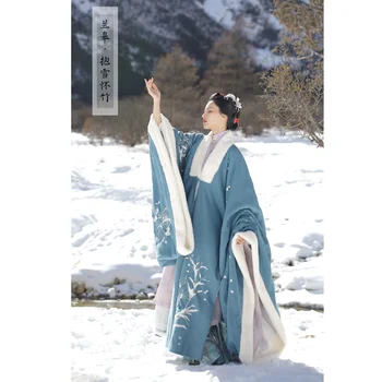 3 Cores De Mulheres HanFu Manto De Veludo Estilo Tradicional Chinês Branco, Turquesa, Cinza Elegante Capa Casaco De Inverno Quente Bordado Do Vestido