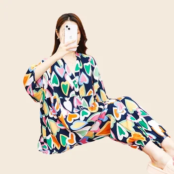 As mulheres do Pijama Conjunto Completo de Manga Longa Calça com estampa floral Casual Pijama Tamanho Grande Homewear Aconchegante Algodão PJS