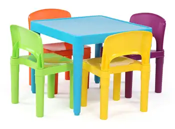 Humilde Tripulação Crianças de Plástico Leve Mesa e 4 Cadeiras Conjunto, Quadrado, Azul/Laranja/Verde/Amarelo/Roxo