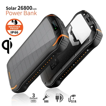 A Energia Solar Banco 26800mAh com Luz de Camping Rápido Carregador sem Fios Qi Powerbank para iPhone 14 13 a Samsung, Huawei Xiaomi Poverbank
