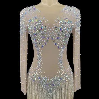 Cantor Ver através de Brilhantes Strass Franja Transparente Body Vestido de Aniversário para Comemorar Roupa de Dançarina Noite traje