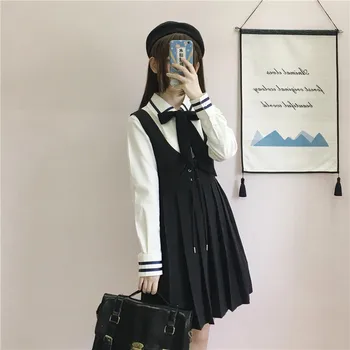Japonês Faculdade JK Uniformes Camisa de Mangas compridas e Pregas Suspender Vestido de roupa de Duas peças Femininas menina da escola uniforme