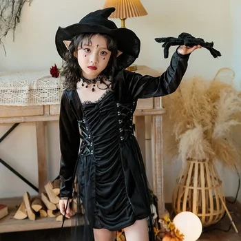 Halloween Crianças Dark e Gótico Bruxa do Vestido da Menina Little Devil Girl Stage Jogar Traje