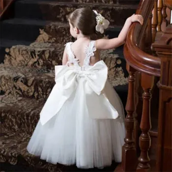 Branco Puffy Apliques Sem Encosto Com Grande Arco Flor Menina Vestidos Sem Mangas, Primeira Comunhão, Para A Festa De Casamento Vestidos De