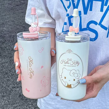 Kawaii Sanrio Hello Kitty Sippy Copo de Água garrafa Térmica Canecas INS-de-Rosa da Menina de Coração 480ml Manter Portátil Frio Esportes de Café de Suco de HandCups