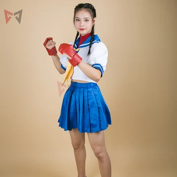 Novo Sakura Kasugano Cosplay Traje Camisa Saia Tops Luvas De Halloween Conjunto Para Menina Mulher