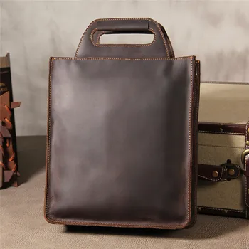 Moda retrô de alta qualidade de couro de cavalo louco homens vertical do documento bolsa de negócios simples, couro ombro messenger bag