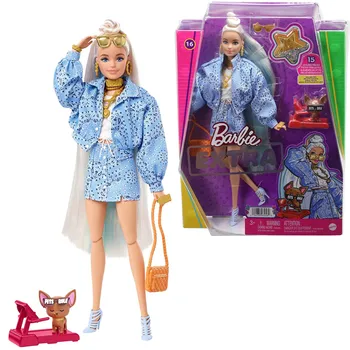 Barbie Extra Boneca #16 em Azul Paisley-Impressão Saia Casaco com animal de Estimação Extra-Longos Cabelos e Acessórios para Juntas Flexíveis Boneca Brinquedo HHN08