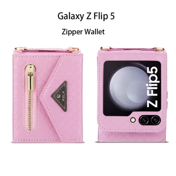 Multifuncional Zíper Cartão de Caso do Telefone de Couro Case Para Samsung Galaxy Z Flip 5 Crossbody Amarra Saco Anti-lost Capa de Proteção