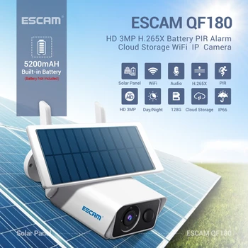 ESCAM QF180 H. 265 3MP Movimento sem fio de PIR Detecção de versão noite de Armazenamento em Nuvem Bidirecionais de áudio 128G de Bateria Solar da Câmera IP66