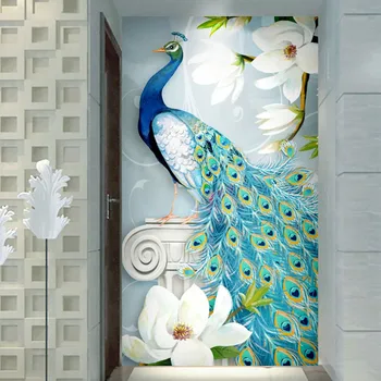 Papel de Parede personalizado 3D Pavão Pintados à Mão Flores Murais de Sala de estar, Quarto, Entrada do Hotel de Estilo Europeu, Papéis de parede para Decoração de Casa