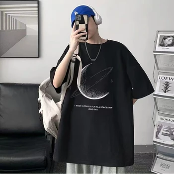 Simples acidente vascular cerebral Lua Gráfico Homens Camiseta tamanho grande Carta de Impressão de T-shirt Manga Curta de Algodão Masculinas de Streetwear Unisex Básica Tops