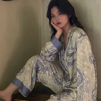 Pijama mulheres novas roupas ins vento star river sentido avançado de costura simulação de seda de manga comprida, calças