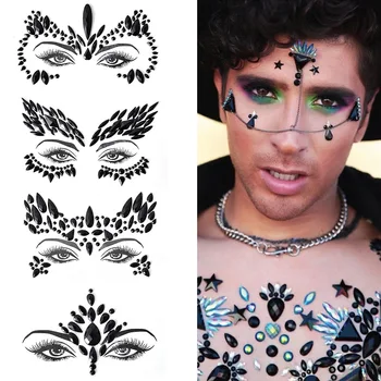 3D Resina, Strass Rosto Adesivos Descartáveis Tatuagem Preto de Halloween Face de Arte Festa de Máscaras Água Diamante Sobrancelha Adesivos