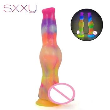 SXXY de Silicone Luminosa Fantasia Plug Anal Cão Pênis Grande Nó Vibrador, Com Ventosa de Brinquedos Sexuais Para o Casal Masturbação Produtos de Massagem