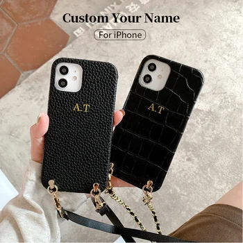 Marca de luxo Personalizar o Nome de A-Z Letras de Couro Crossbody Amarra Hard Case Para iPhone 14 13 12 11 15 Pro X XS Max 7 Tampa